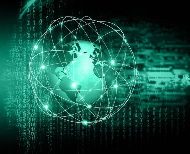 Global iş dünyasının en iyi internet kavramı. Küre, teknolojik arka planda parlayan çizgiler. Wi-Fi, ışınlar, semboller İnternet, 3 boyutlu illüstrasyon