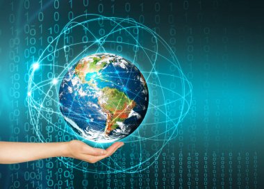Dünyadan Uzaya. Kavram serisinden küresel iş dünyasının en iyi internet kavramı. Bu görüntünün elementleri NASA tarafından döşenmiştir. 3B illüstrasyon