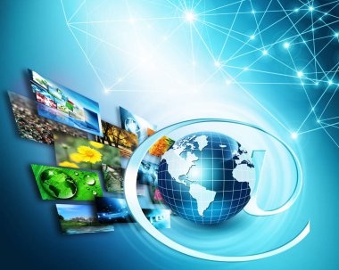 Global iş dünyasının en iyi internet kavramı. Küre, teknolojik arka planda parlayan çizgiler. Wi-Fi, ışınlar, semboller İnternet, 3 boyutlu illüstrasyon