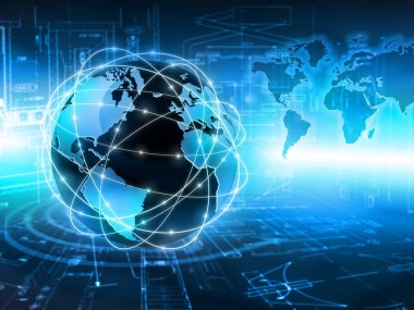 Global iş dünyasının en iyi internet kavramı. Küre, teknolojik arka planda parlayan çizgiler. Wi-Fi, ışınlar, semboller İnternet, 3 boyutlu illüstrasyon
