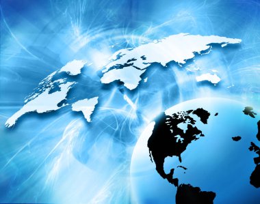 Dünya Haritası üzerinde teknolojik bir arka plan, parlak çizgiler semboller Internet, radyo, televizyon, telefon ve uydu iletişim.