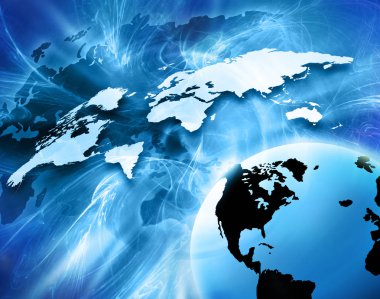 Dünya Haritası üzerinde teknolojik bir arka plan, parlak çizgiler semboller Internet, radyo, televizyon, telefon ve uydu iletişim.