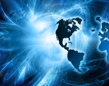 Dünya Haritası üzerinde teknolojik bir arka plan, parlak çizgiler semboller Internet, radyo, televizyon, telefon ve uydu iletişim.