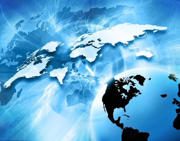 Dünya Haritası üzerinde teknolojik bir arka plan, parlak çizgiler semboller Internet, radyo, televizyon, telefon ve uydu iletişim.