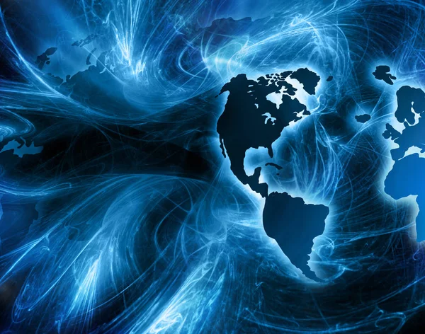 Mapa del mundo sobre un fondo tecnológico, líneas luminosas símbolos de Internet, radio, televisión, comunicaciones móviles y por satélite . — Foto de Stock