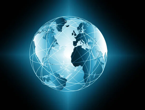 Global iş dünyasının en iyi internet kavramı. Küre, teknolojik arka planda parlayan çizgiler. Wi-Fi, ışınlar, semboller İnternet, 3 boyutlu illüstrasyon