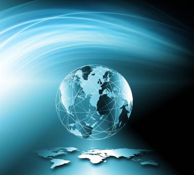 Global iş dünyasının en iyi internet kavramı. Küre, teknolojik arka planda parlayan çizgiler. Wi-Fi, ışınlar, semboller İnternet, 3 boyutlu illüstrasyon