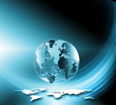 Global iş dünyasının en iyi internet kavramı. Küre, teknolojik arka planda parlayan çizgiler. Wi-Fi, ışınlar, semboller İnternet, 3 boyutlu illüstrasyon