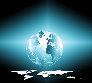 Global iş dünyasının en iyi internet kavramı. Küre, teknolojik arka planda parlayan çizgiler. Wi-Fi, ışınlar, semboller İnternet, 3 boyutlu illüstrasyon