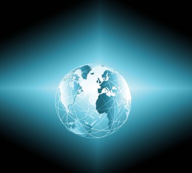 Global iş dünyasının en iyi internet kavramı. Küre, teknolojik arka planda parlayan çizgiler. Wi-Fi, ışınlar, semboller İnternet, 3 boyutlu illüstrasyon