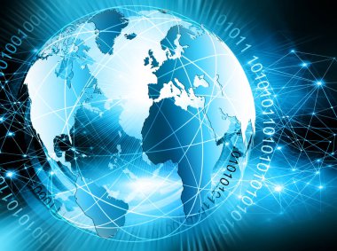 Global iş dünyasının en iyi internet kavramı. Küre, teknolojik arka planda parlayan çizgiler. Wi-Fi, ışınlar, semboller İnternet, 3 boyutlu illüstrasyon