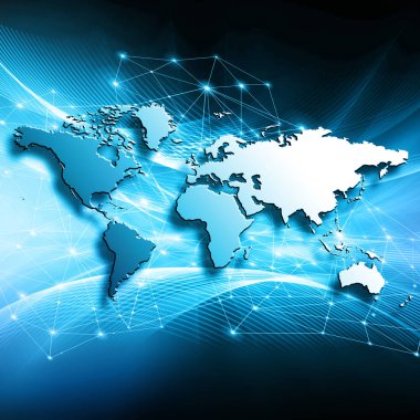 Dünya Haritası üzerinde teknolojik bir arka plan, parlak çizgiler semboller Internet, radyo, televizyon, telefon ve uydu iletişim.