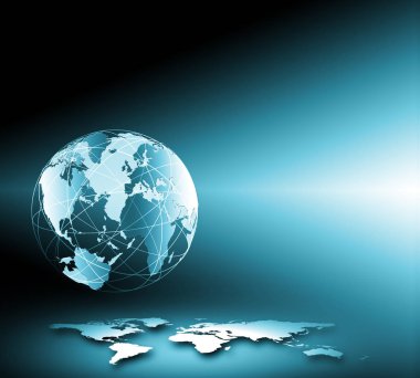 Global iş dünyasının en iyi internet kavramı. Küre, teknolojik arka planda parlayan çizgiler. Wi-Fi, ışınlar, semboller İnternet, 3 boyutlu illüstrasyon