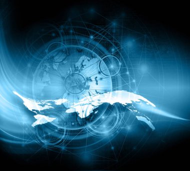 Dünya Haritası üzerinde teknolojik bir arka plan, parlak çizgiler semboller Internet, radyo, televizyon, telefon ve uydu iletişim.
