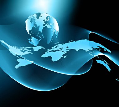 Global iş dünyasının en iyi internet kavramı. Küre, teknolojik arka planda parlayan çizgiler. Wi-Fi, ışınlar, semboller İnternet, 3 boyutlu illüstrasyon