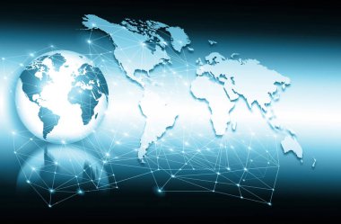 Global iş dünyasının en iyi internet kavramı. Küre, teknolojik arka planda parlayan çizgiler. Wi-Fi, ışınlar, semboller İnternet, 3 boyutlu illüstrasyon