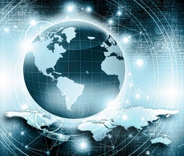 Global iş dünyasının en iyi internet kavramı. Küre, teknolojik arka planda parlayan çizgiler. Wi-Fi, ışınlar, semboller İnternet, 3 boyutlu illüstrasyon
