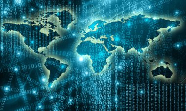 Dünya Haritası üzerinde teknolojik bir arka plan, parlak çizgiler semboller Internet, radyo, televizyon, telefon ve uydu iletişim.