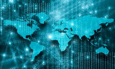 Dünya Haritası üzerinde teknolojik bir arka plan, parlak çizgiler semboller Internet, radyo, televizyon, telefon ve uydu iletişim.