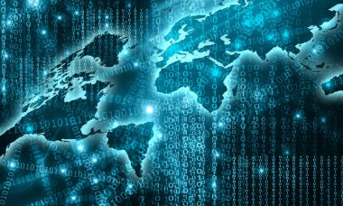 Dünya Haritası üzerinde teknolojik bir arka plan, parlak çizgiler semboller Internet, radyo, televizyon, telefon ve uydu iletişim.