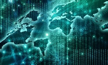 Dünya Haritası üzerinde teknolojik bir arka plan, parlak çizgiler semboller Internet, radyo, televizyon, telefon ve uydu iletişim.