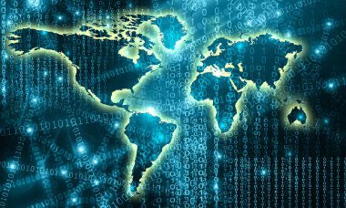 Dünya Haritası üzerinde teknolojik bir arka plan, parlak çizgiler semboller Internet, radyo, televizyon, telefon ve uydu iletişim.