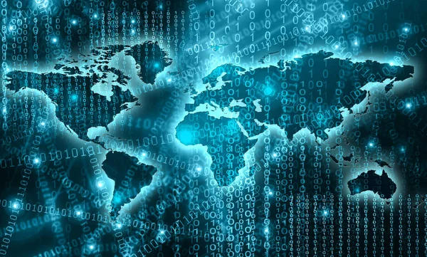 Dünya Haritası üzerinde teknolojik bir arka plan, parlak çizgiler semboller Internet, radyo, televizyon, telefon ve uydu iletişim.