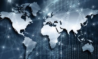 Dünya Haritası üzerinde teknolojik bir arka plan, parlak çizgiler semboller Internet, radyo, televizyon, telefon ve uydu iletişim.