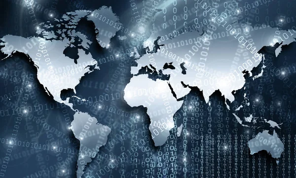 Mapa del mundo sobre un fondo tecnológico, líneas luminosas símbolos de Internet, radio, televisión, comunicaciones móviles y por satélite . —  Fotos de Stock