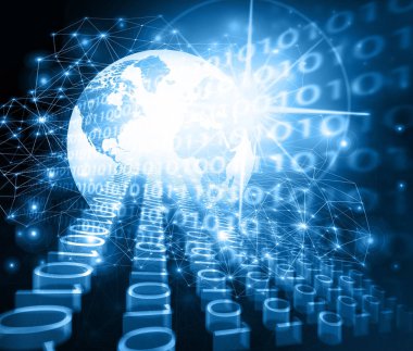 Global iş dünyasının en iyi internet kavramı. Küre, teknolojik arka planda parlayan çizgiler. Wi-Fi, ışınlar, semboller İnternet, 3 boyutlu illüstrasyon