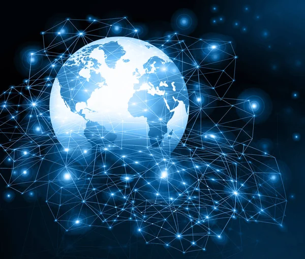 Global iş dünyasının en iyi internet kavramı. Küre, teknolojik arka planda parlayan çizgiler. Wi-Fi, ışınlar, semboller İnternet, 3 boyutlu illüstrasyon