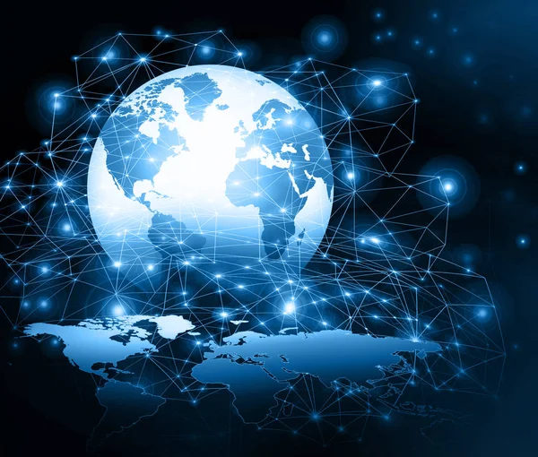 Global iş dünyasının en iyi internet kavramı. Küre, teknolojik arka planda parlayan çizgiler. Wi-Fi, ışınlar, semboller İnternet, 3 boyutlu illüstrasyon