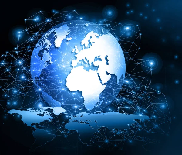 Global iş dünyasının en iyi internet kavramı. Küre, teknolojik arka planda parlayan çizgiler. Wi-Fi, ışınlar, semboller İnternet, 3 boyutlu illüstrasyon