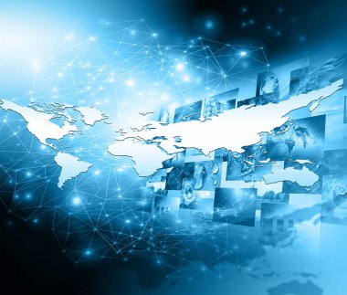 Dünya Haritası üzerinde teknolojik bir arka plan, parlak çizgiler semboller Internet, radyo, televizyon, telefon ve uydu iletişim.