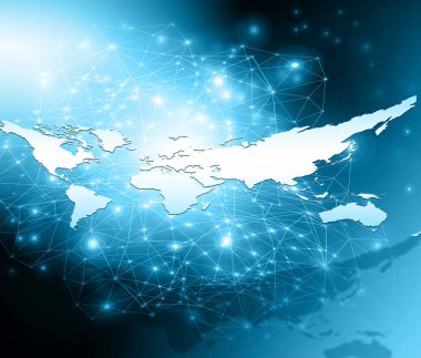 Dünya Haritası üzerinde teknolojik bir arka plan, parlak çizgiler semboller Internet, radyo, televizyon, telefon ve uydu iletişim.