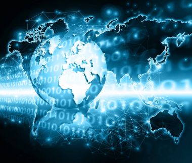 Global iş dünyasının en iyi internet kavramı. Küre, teknolojik arka planda parlayan çizgiler. Wi-Fi, ışınlar, semboller İnternet, 3 boyutlu illüstrasyon