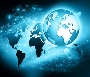 Global iş dünyasının en iyi internet kavramı. Küre, teknolojik arka planda parlayan çizgiler. Wi-Fi, ışınlar, semboller İnternet, 3 boyutlu illüstrasyon