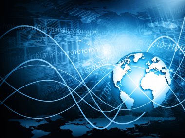 Global iş dünyasının en iyi internet kavramı. Küre, teknolojik arka planda parlayan çizgiler. Wi-Fi, ışınlar, semboller İnternet, 3 boyutlu illüstrasyon