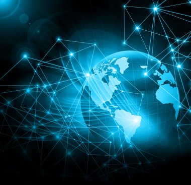 Global iş dünyasının en iyi internet kavramı. Küre, teknolojik arka planda parlayan çizgiler. Wi-Fi, ışınlar, semboller İnternet, 3 boyutlu illüstrasyon