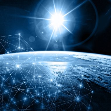 Dünyadan Uzaya. Kavram serisinden küresel iş dünyasının en iyi internet kavramı. Bu görüntünün elementleri NASA tarafından döşenmiştir. 3B illüstrasyon