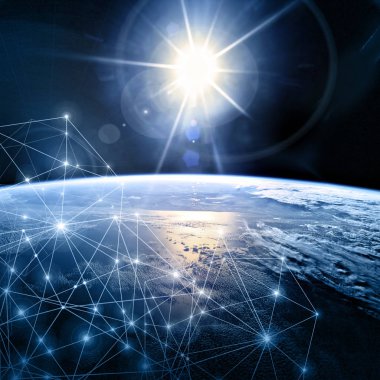 Dünyadan Uzaya. Kavram serisinden küresel iş dünyasının en iyi internet kavramı. Bu görüntünün elementleri NASA tarafından döşenmiştir. 3B illüstrasyon