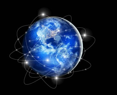 Dünyadan Uzaya. Kavram serisinden küresel iş dünyasının en iyi internet kavramı. Bu görüntünün elementleri NASA tarafından döşenmiştir. 3B illüstrasyon