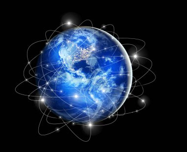 Dünyadan Uzaya. Kavram serisinden küresel iş dünyasının en iyi internet kavramı. Bu görüntünün elementleri NASA tarafından döşenmiştir. 3B illüstrasyon