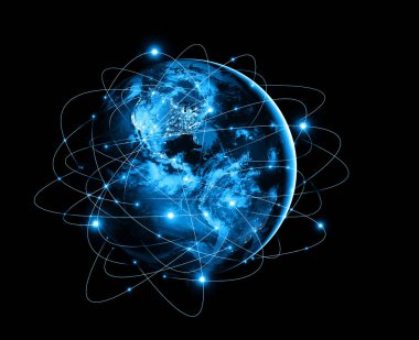 Dünyadan Uzaya. Kavram serisinden küresel iş dünyasının en iyi internet kavramı. Bu görüntünün elementleri NASA tarafından döşenmiştir. 3B illüstrasyon