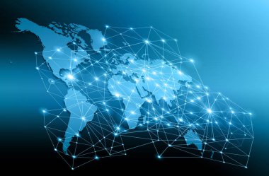Dünya Haritası üzerinde teknolojik bir arka plan, parlak çizgiler semboller Internet, radyo, televizyon, telefon ve uydu iletişim.