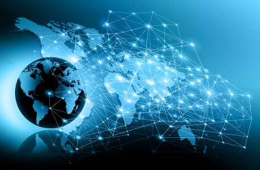 Global iş dünyasının en iyi internet kavramı. Küre, teknolojik arka planda parlayan çizgiler. Wi-Fi, ışınlar, semboller İnternet, 3 boyutlu illüstrasyon
