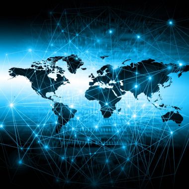 Dünya Haritası üzerinde teknolojik bir arka plan, parlak çizgiler semboller Internet, radyo, televizyon, telefon ve uydu iletişim.