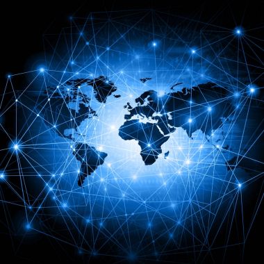 Dünya Haritası üzerinde teknolojik bir arka plan, parlak çizgiler semboller Internet, radyo, televizyon, telefon ve uydu iletişim.