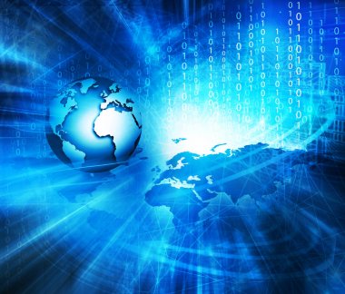 Global iş dünyasının en iyi internet kavramı. Küre, teknolojik arka planda parlayan çizgiler. Wi-Fi, ışınlar, semboller İnternet, 3 boyutlu illüstrasyon