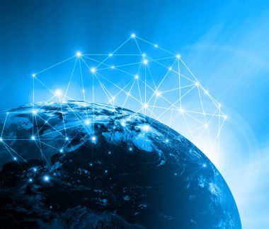 Dünyadan Uzaya. Kavram serisinden küresel iş dünyasının en iyi internet kavramı. Bu görüntünün elementleri NASA tarafından döşenmiştir. 3B illüstrasyon